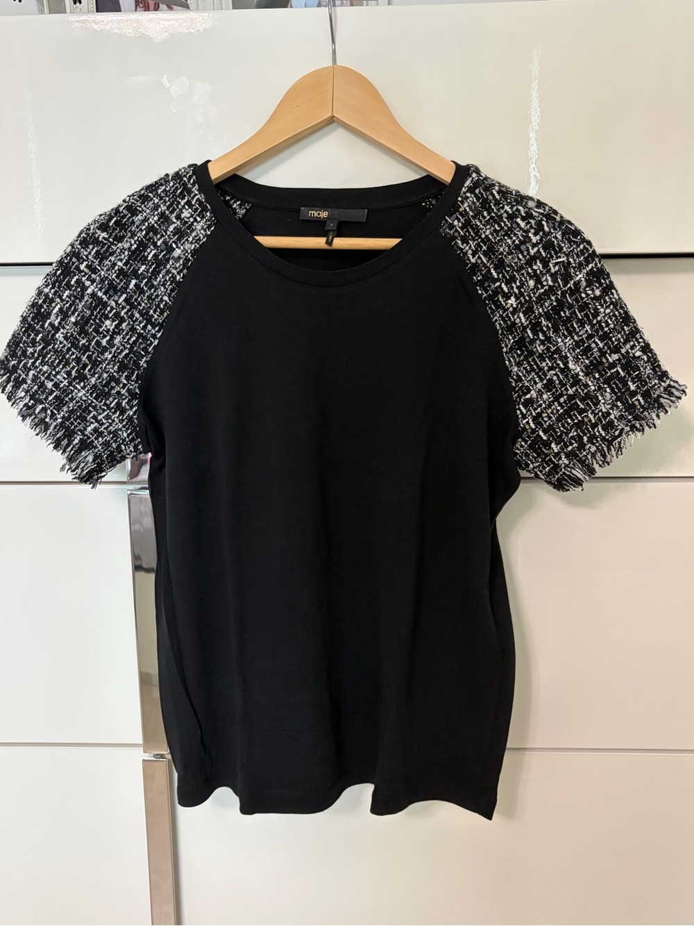 Maje Black Knit Top with Tweed Puff Sleeves